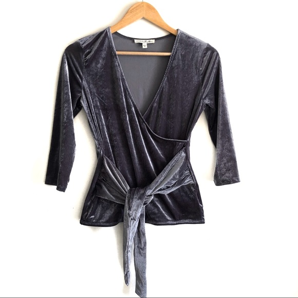 Express Ribbed Velvet Wrap-Front Top - Picture 2 of 5